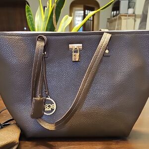 BCBG Paris Elegant Brown Tote Bag With Makeup Bag.